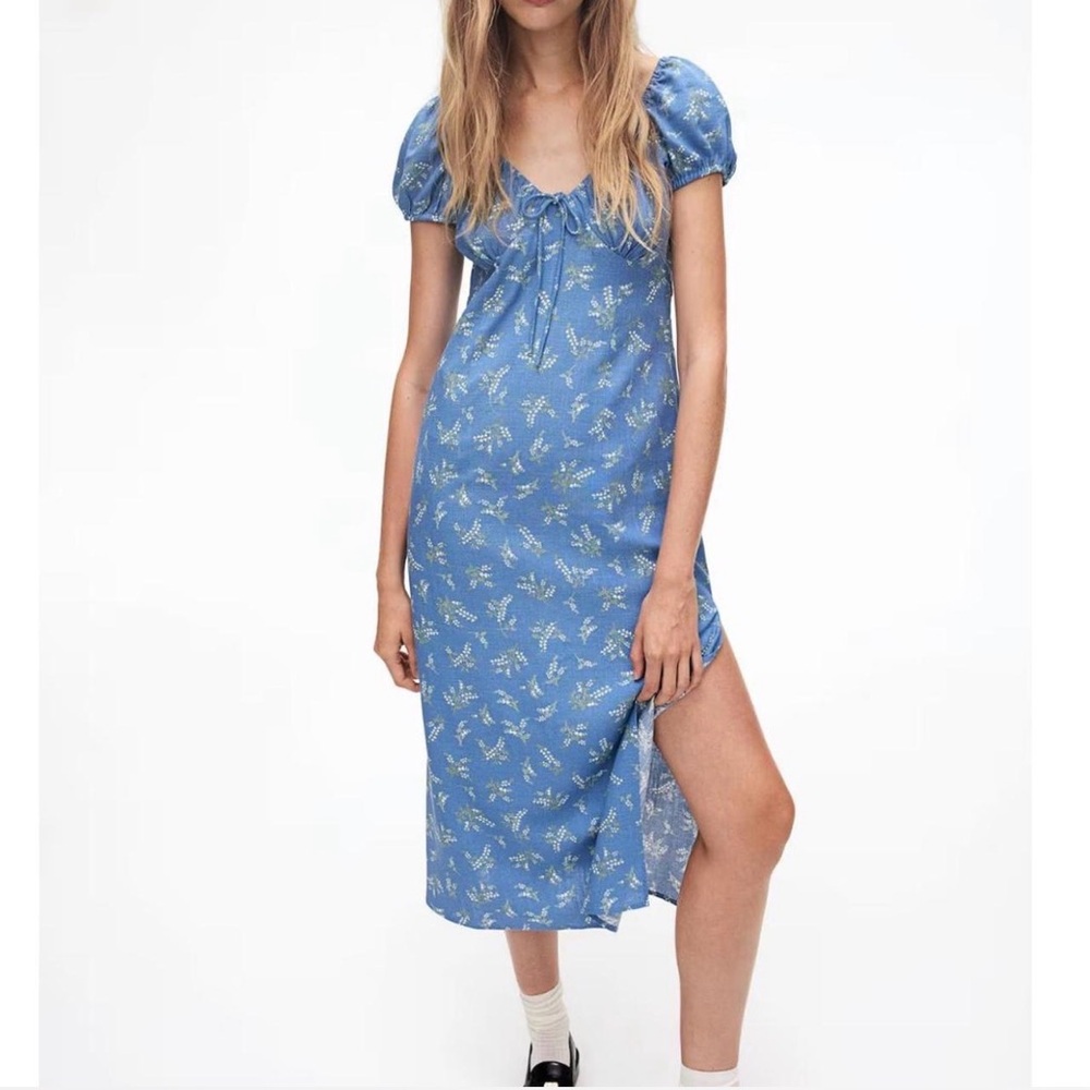 Divided Small Sweetheart Linen Blend Midi Milkmaid Off The‎ Shoulder Dress NWT